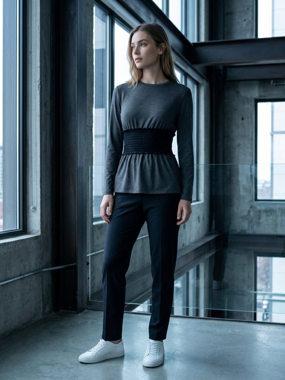 SIMLU Charming Transitional Smock Waist Charcoal/Black Crew Neck Tee XL 10-12